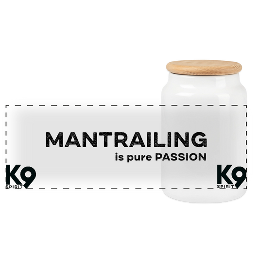 K9 Snack-Tin mit Holzdeckel „MANTRAILING is pure PASSION“ - Weiß