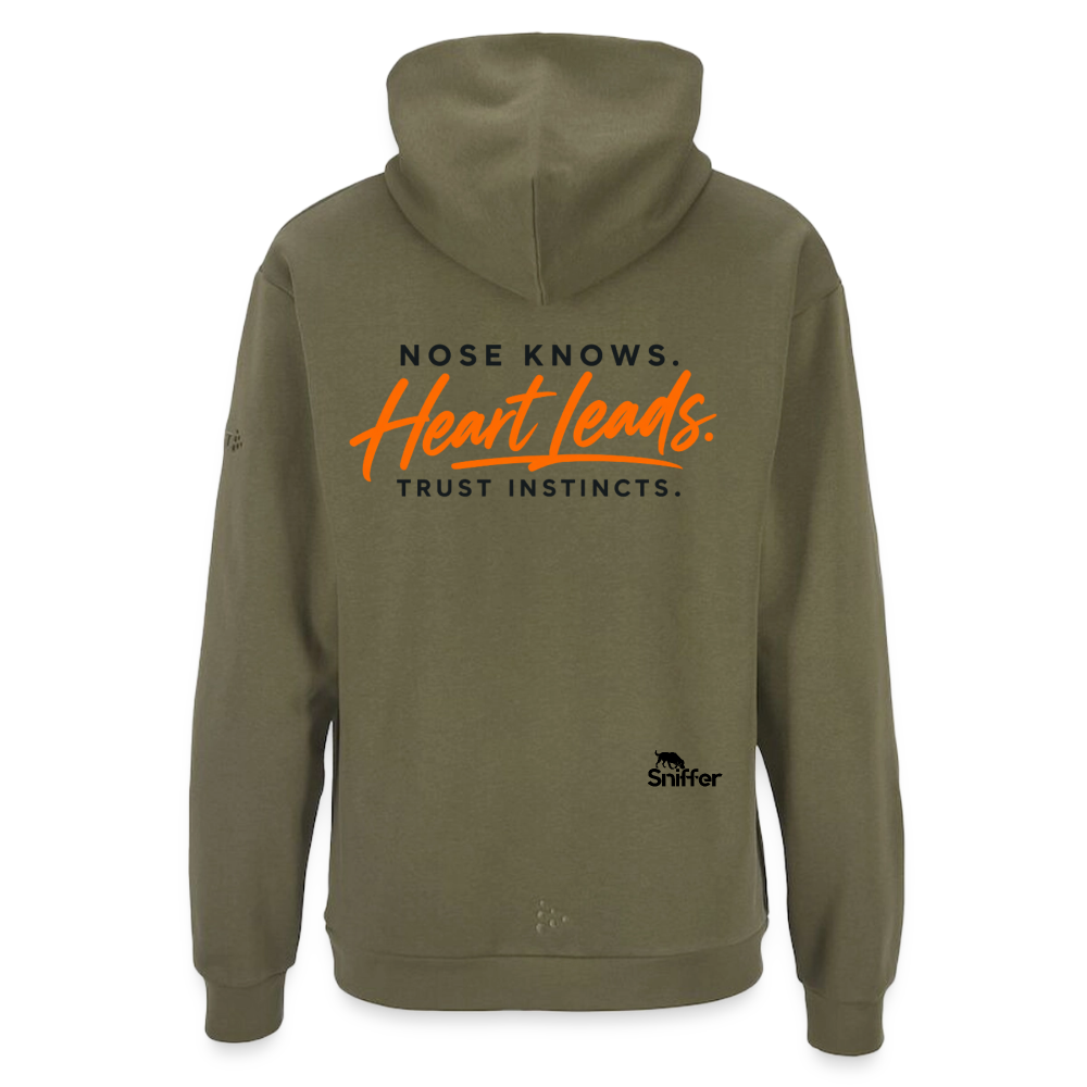 Sniffer DOGWALK Craft-Hoodie "NOSE KNOWS. HEART LEADS. TRUST INSTINCTS." UNISEX edition - Moosgrün