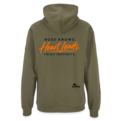 Sniffer DOGWALK Craft-Hoodie "NOSE KNOWS. HEART LEADS. TRUST INSTINCTS." UNISEX edition - Moosgrün