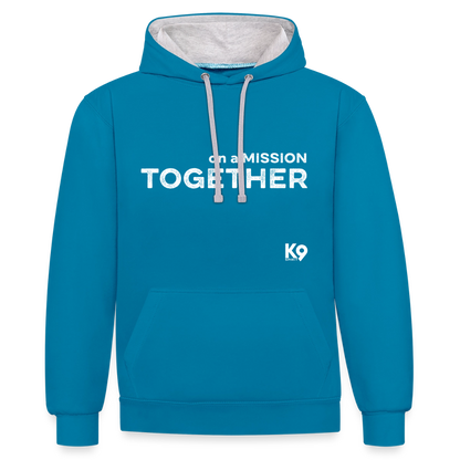 K9 Bicolor-Hoodie "on a MISSION TOGETHER" - Pfauenblau/Grau meliert