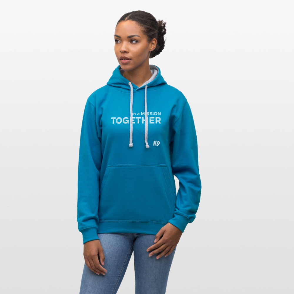 K9 Bicolor-Hoodie "on a MISSION TOGETHER" - Pfauenblau/Grau meliert