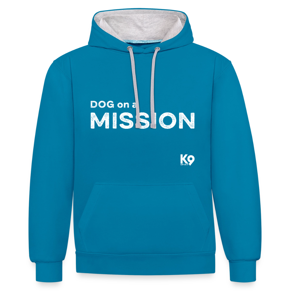 K9 Bicolor-Hoodie "DOG on a MISSION" - Pfauenblau/Grau meliert