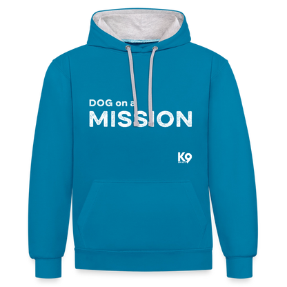 K9 Bicolor-Hoodie "DOG on a MISSION" - Pfauenblau/Grau meliert