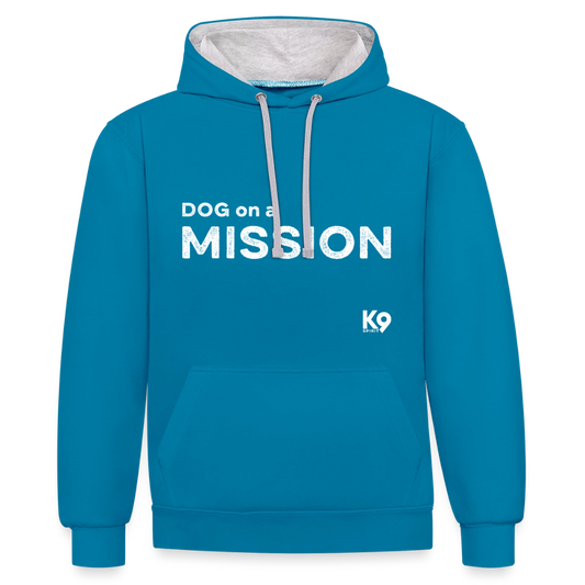 K9 Bicolor-Hoodie "DOG on a MISSION" - Pfauenblau/Grau meliert