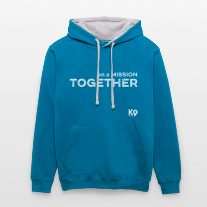 K9 Bicolor-Hoodie "on a MISSION TOGETHER" - Pfauenblau/Grau meliert