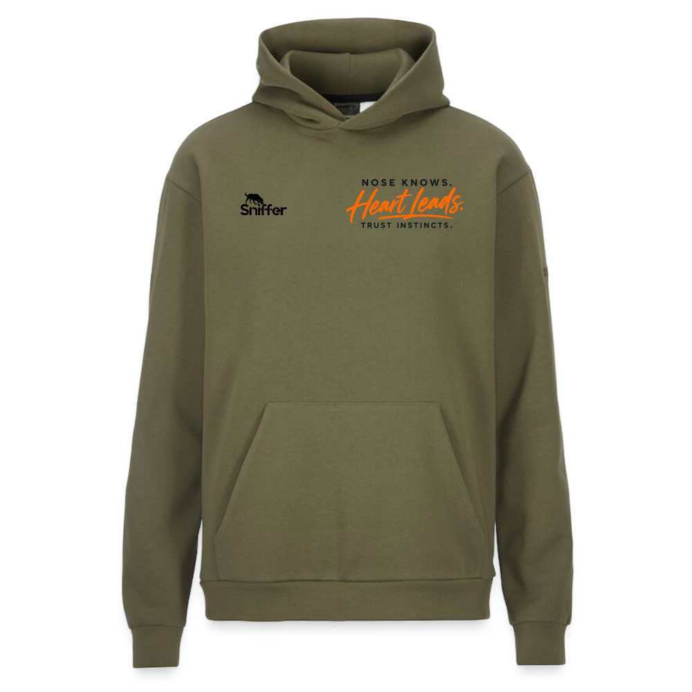 Sniffer DOGWALK Craft-Hoodie "NOSE KNOWS. HEART LEADS. TRUST INSTINCTS." UNISEX edition - Moosgrün