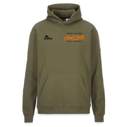 Sniffer DOGWALK Craft-Hoodie "NOSE KNOWS. HEART LEADS. TRUST INSTINCTS." UNISEX edition - Moosgrün